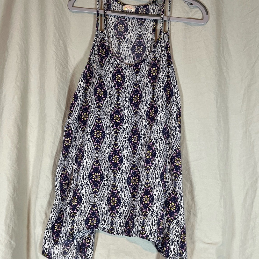 Pixley Womens XL Geometric Tribal Print Sharkbite Hem Tank Top Navy Pink